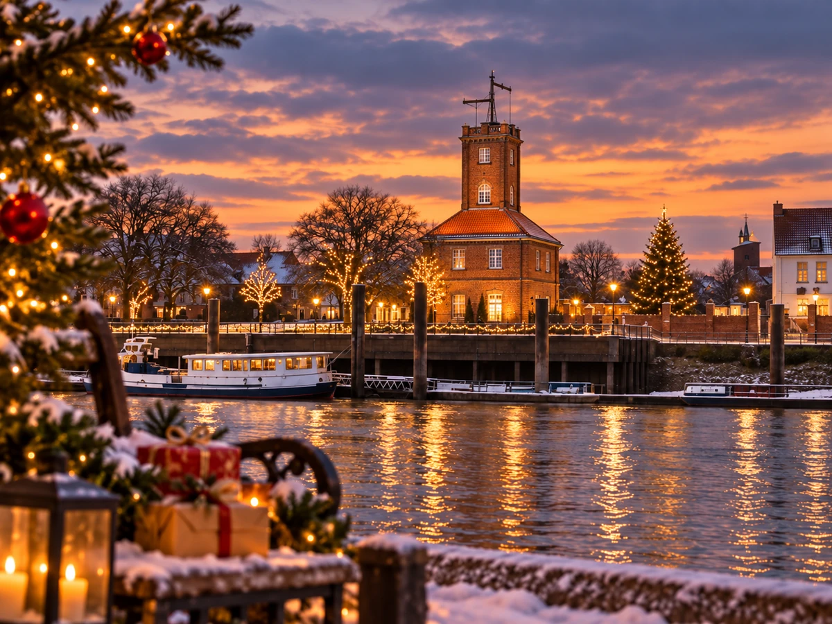 Weihnachtliche Symbolillustration mit dem Braker Telegraphen, Weser und Geschenkpaketen